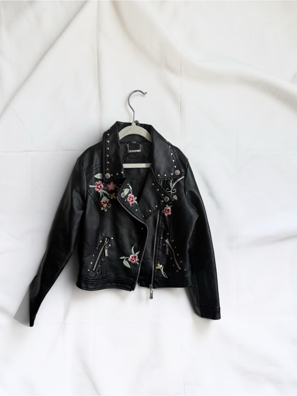 Black JouJou Moto Jacket with Pink Floral Embroidery 10/12 years